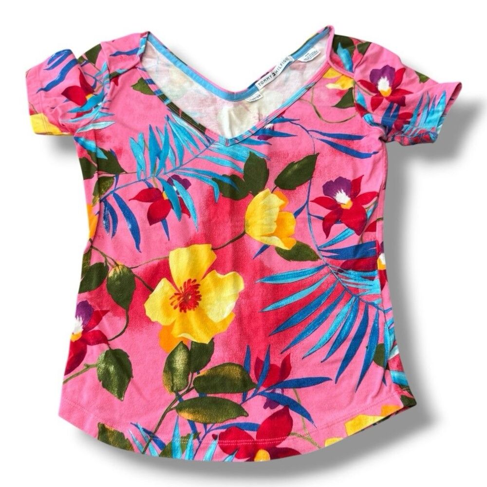 Tommy Hilfiger T-Shirt Pink Floral Tropical Boho V-Neck Casual Stretch Women’s M